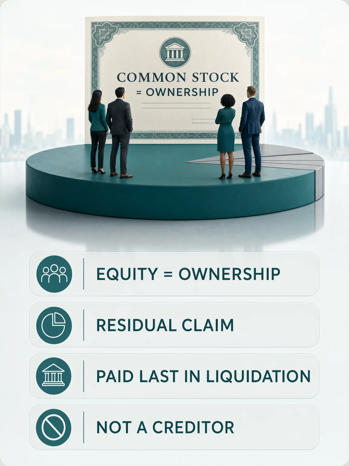 SIE flashcard back: full explanation of common stock as equity ownership with a memory hook and source