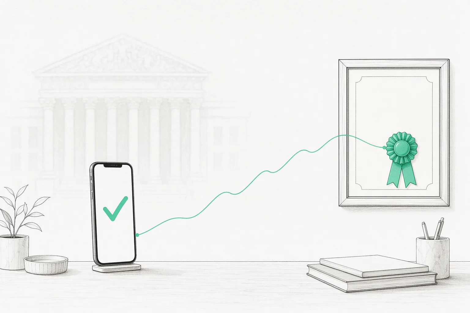 Pass with PrepScore: a checked answer card, a rising market line and a framed securities license