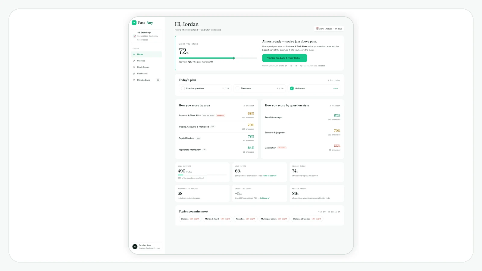 SIE dashboard showing a readiness gauge against the 70% pass line, scores by domain, and today's plan
