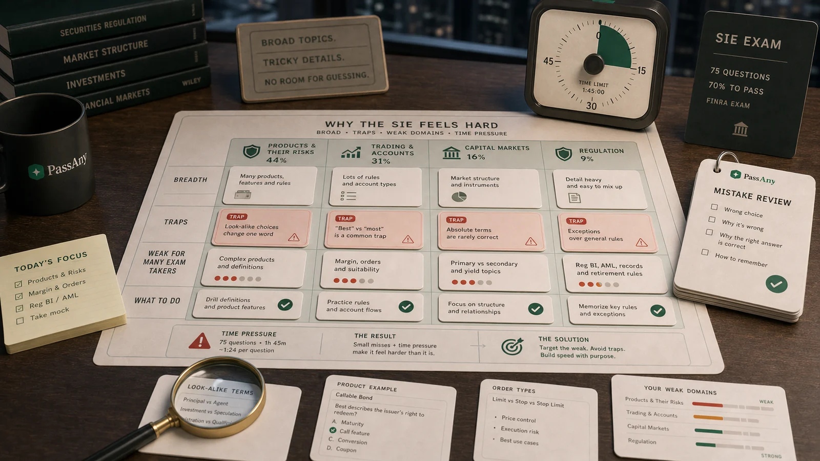 SIE difficulty map showing trap answers, weak domains, timing, and review cards.