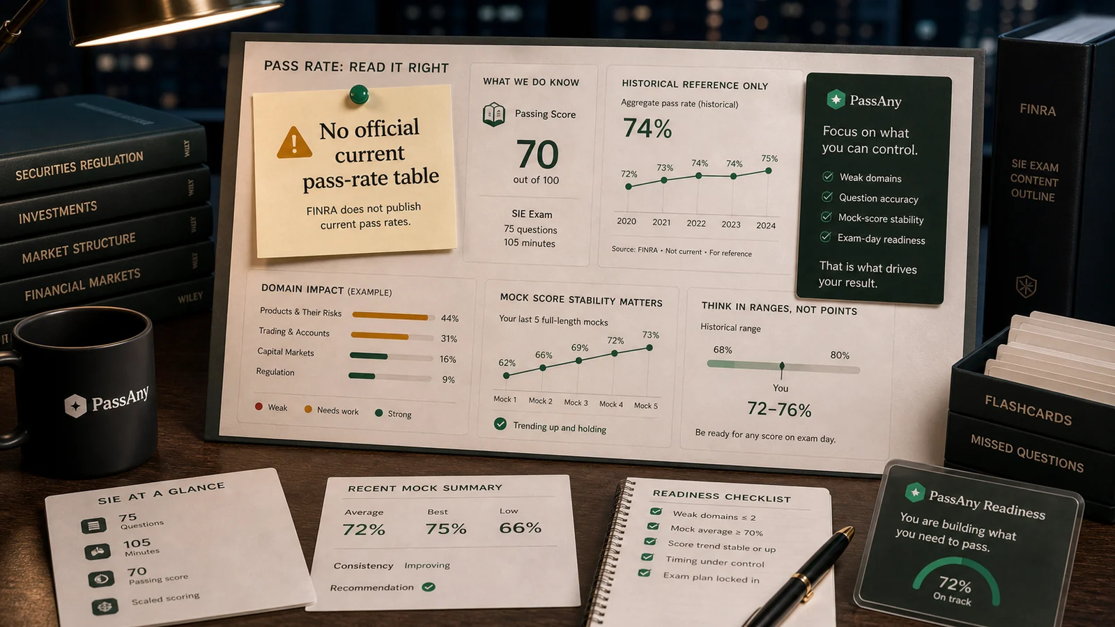SIE pass-rate data board showing passing score, historical context, and readiness metrics.