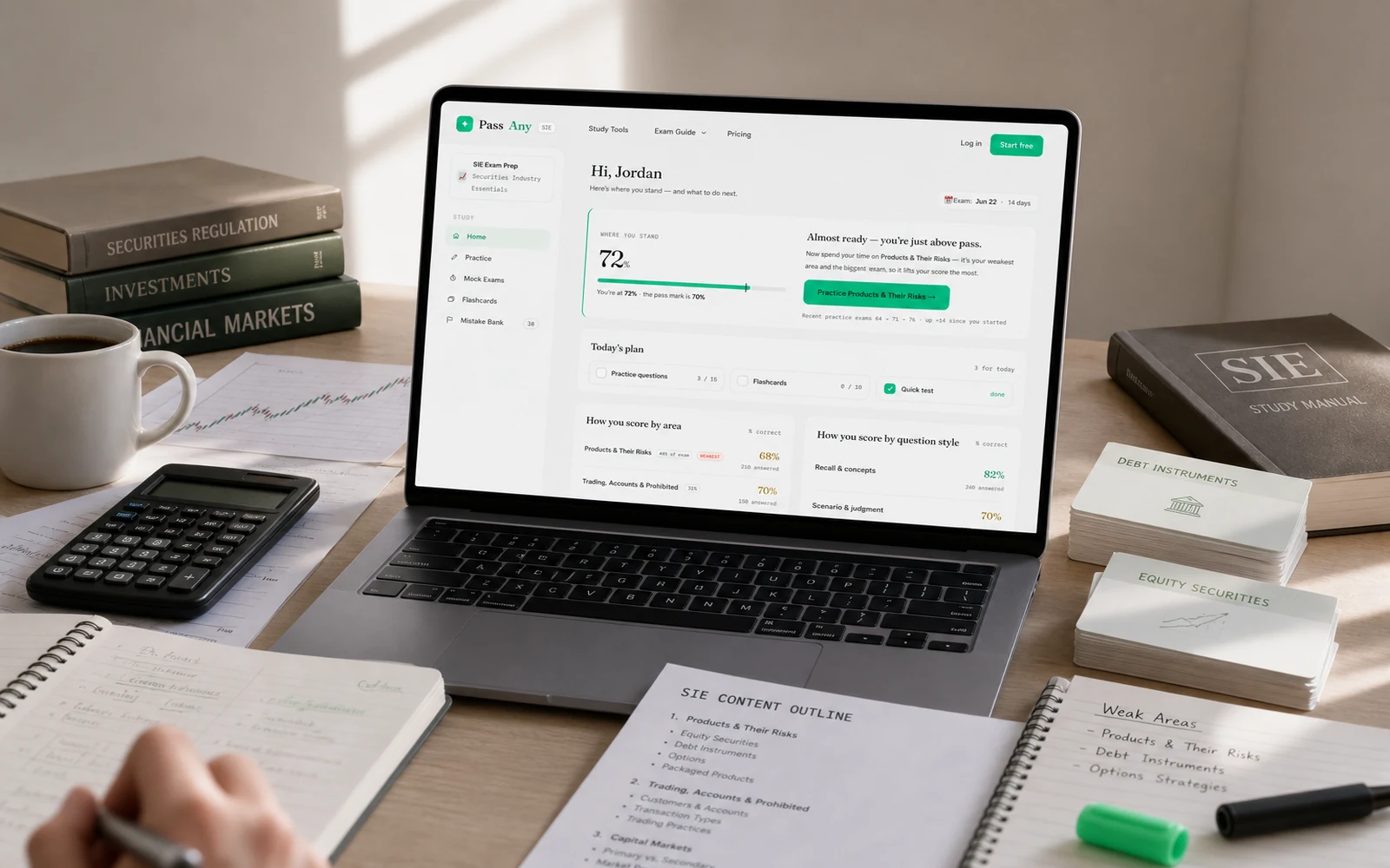 Realistic SIE study desk with PrepScore product interface, securities notes, calculator and market charts