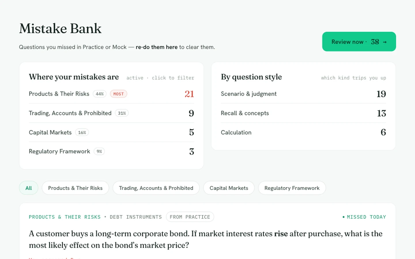 SIE Mistake Bank: missed questions sorted by domain, each showing your wrong answer and a re-do action
