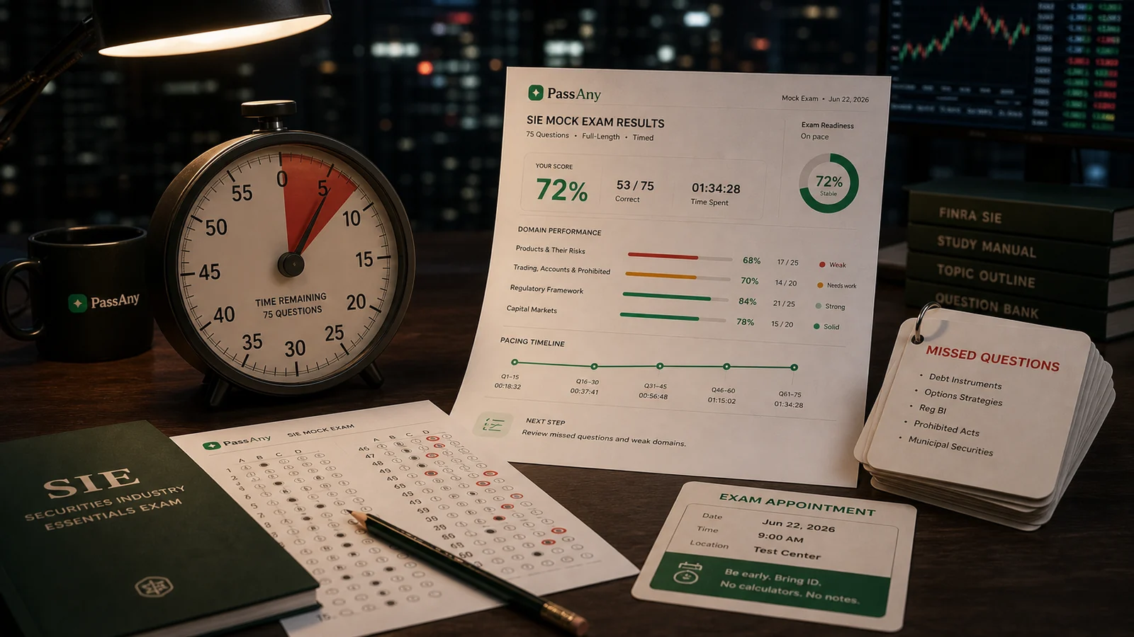 A timed SIE mock exam with a countdown, question map and Submit — no right or wrong shown until you finish