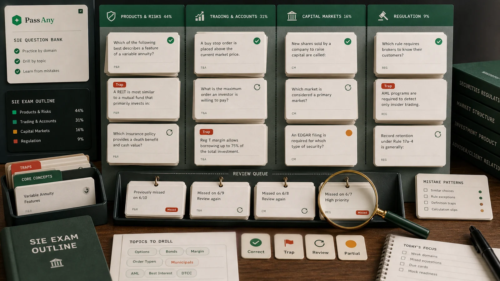 SIE question bank: topic grids where each question is a colored cell — green correct, red wrong, grey untouched