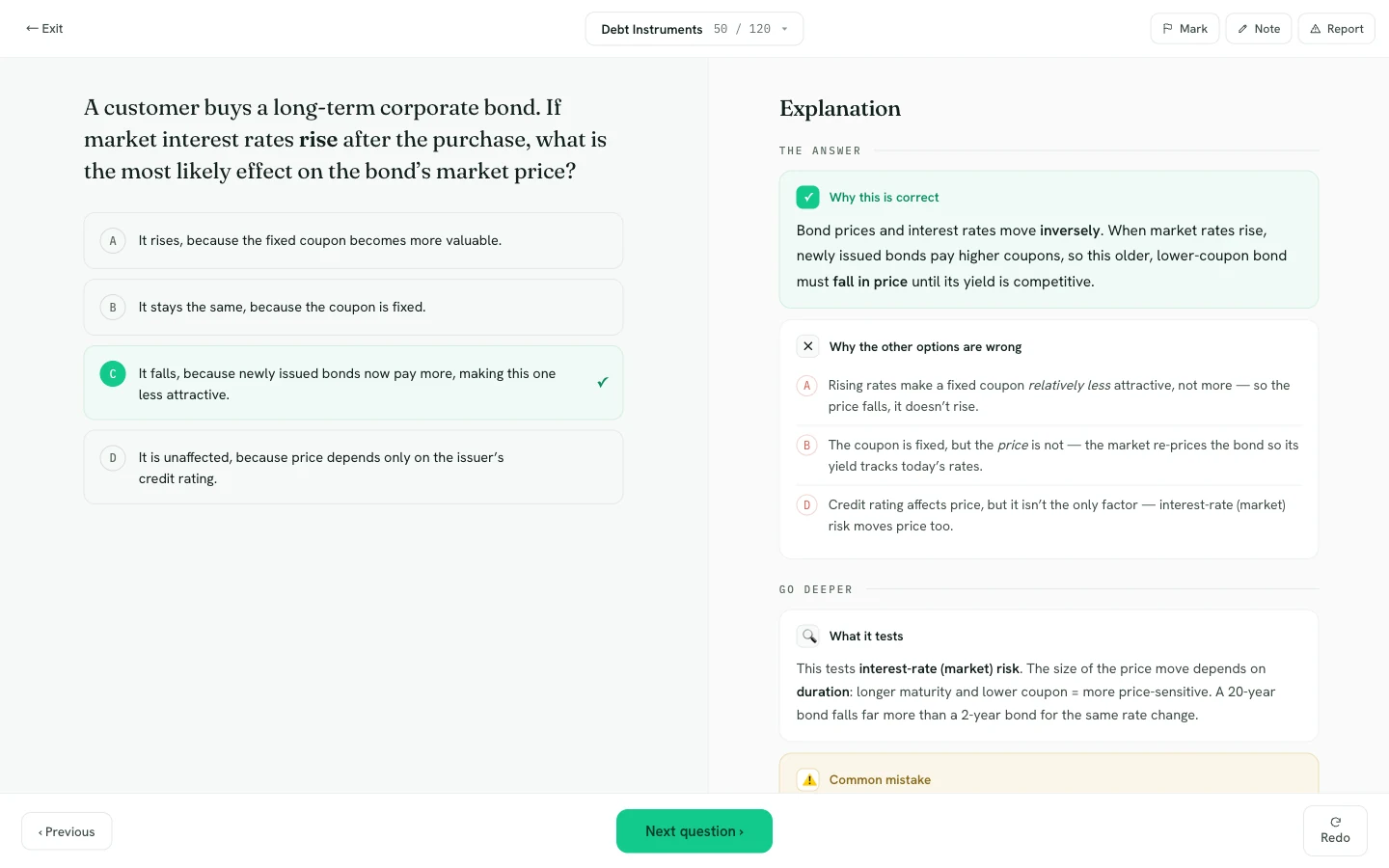 A SIE practice explanation: why the answer is correct, why each distractor is wrong, what it tests, an exam tip, a memory hook and related topics