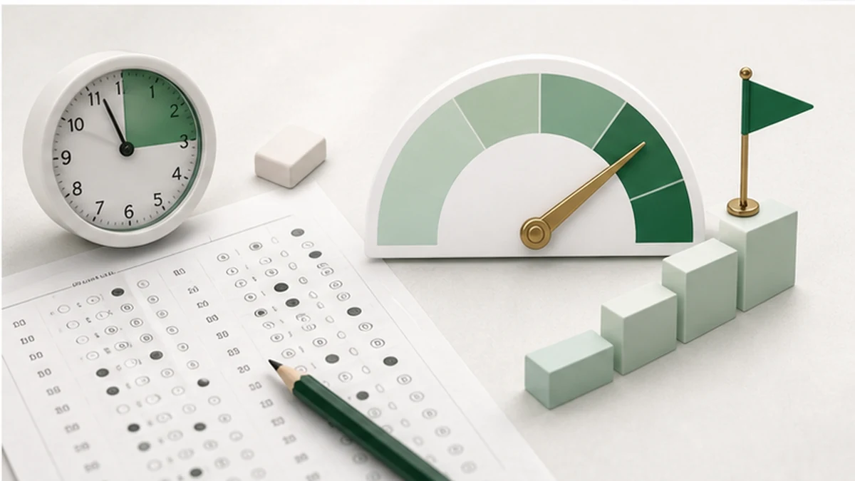 Abstract SIE mock exam clock, answer sheet and readiness gauge