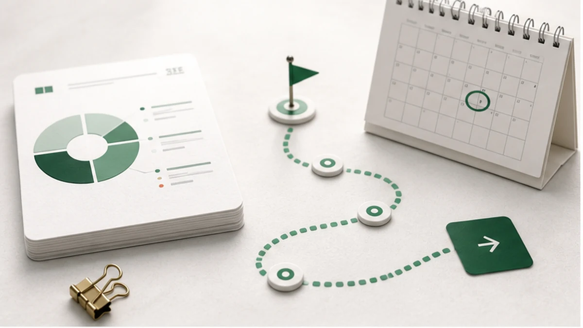Abstract SIE study roadmap with a calendar, target marker and content-outline cards