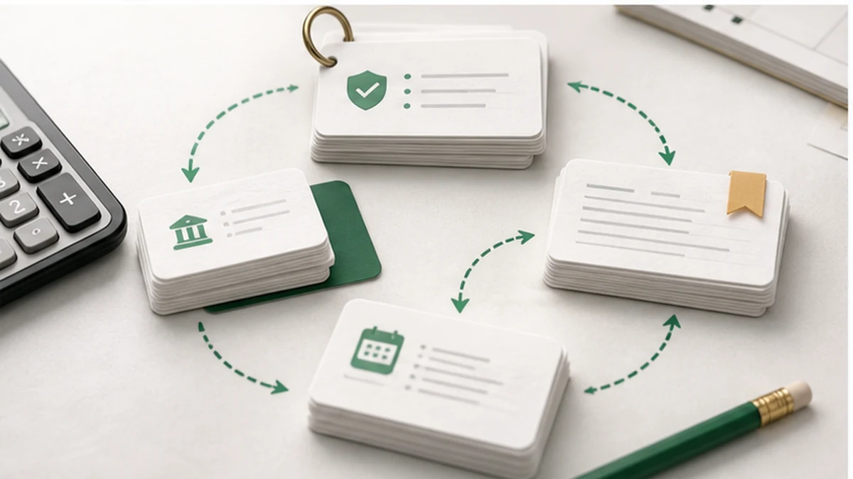 Abstract SIE flashcard review loop with cards, arrows and rule markers